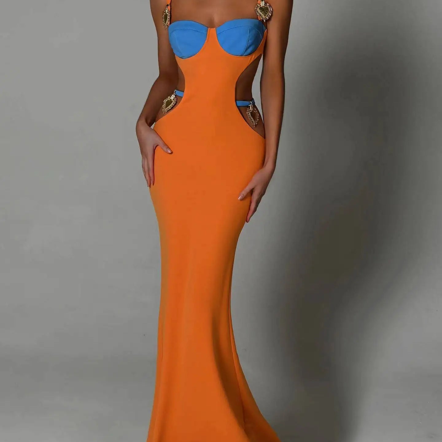 High Quality 3 Colors Women Sleeveless Sexy Sequined Hollow Out Bodycon Long Rayon Bandage Fashion Cocktail Birthday Maxi Dress Orange