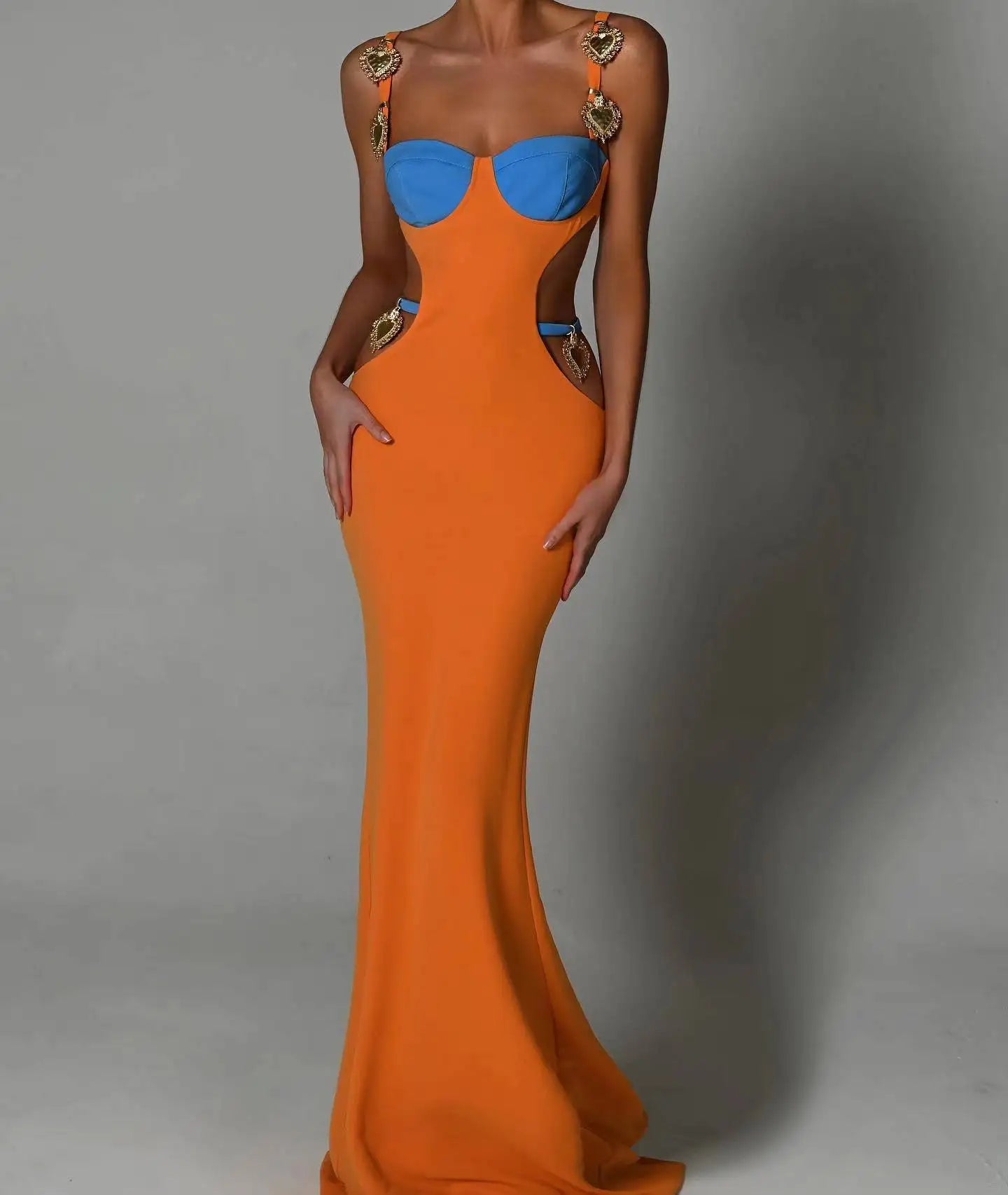 High Quality 3 Colors Women Sleeveless Sexy Sequined Hollow Out Bodycon Long Rayon Bandage Fashion Cocktail Birthday Maxi Dress Orange