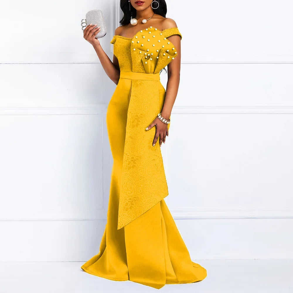2021 Winter Women Slash Neck Short Sleeve Pearl Dress Sexy Office Lady Africa Evening Night Club Party Long Maxi Dresses GL05143 Yellow
