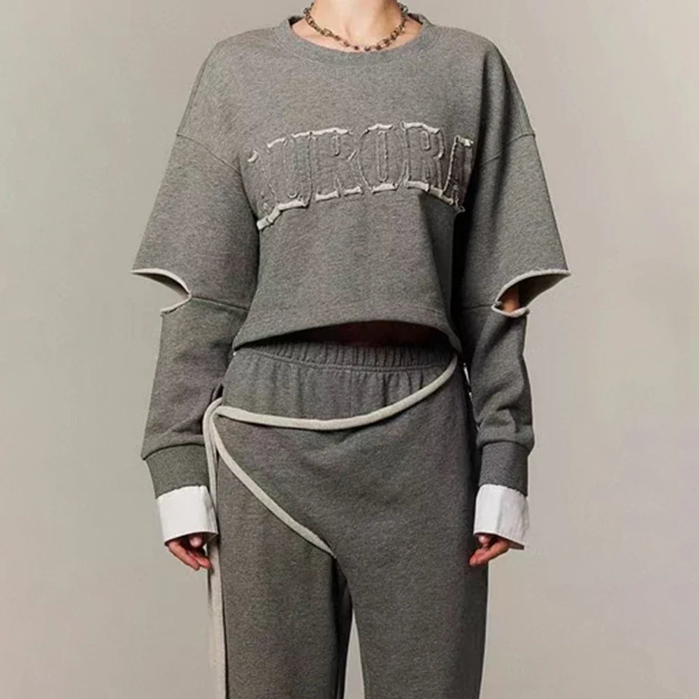 Conjunto casual de duas peças com blocos de cores para mulheres, gola redonda, manga comprida, blusa de cintura alta e calça, conjunto chique, roupa da moda feminina