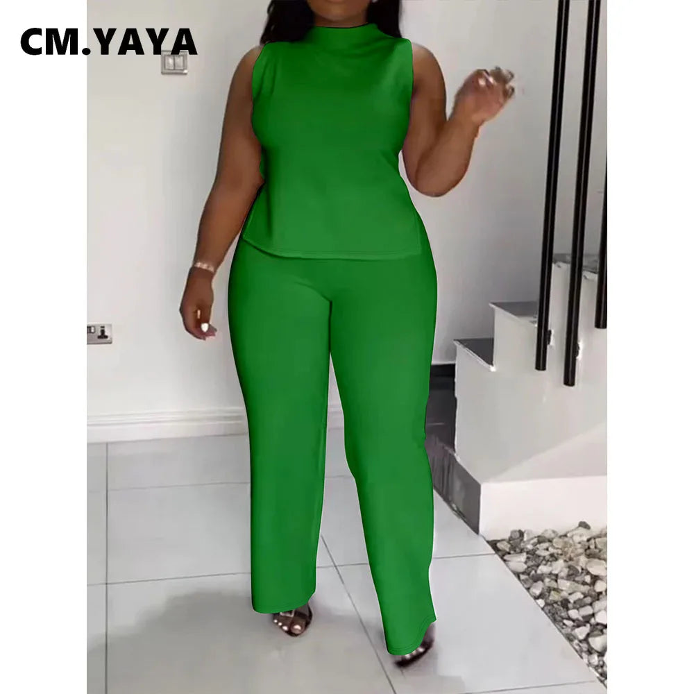 CM.YAYA Plus Size Women's Set O-neck Sleeveless T-shirt Vest and Pants Suits Sweatsuit Two 2 Piece Set Outfit Street Tracksuit