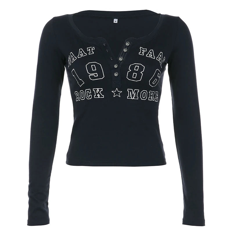 Vintage Letter Print Crop Top Women Retro Grunge Button V Neck Full Sleeve T Shirt Autumn Winter Basic Tee Femme Clothing Blue