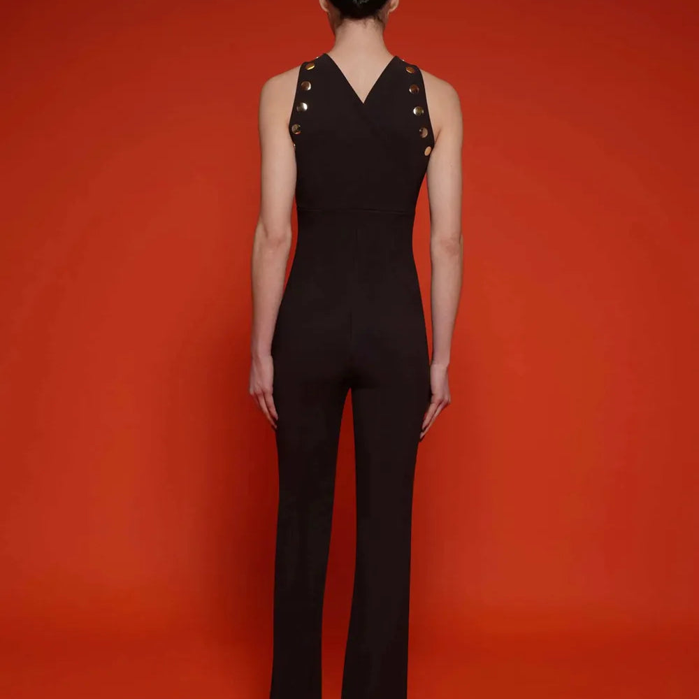 Macacão feminino preto sem mangas, sexy, com rebites, estilo bandagem, para festa de boate e baile