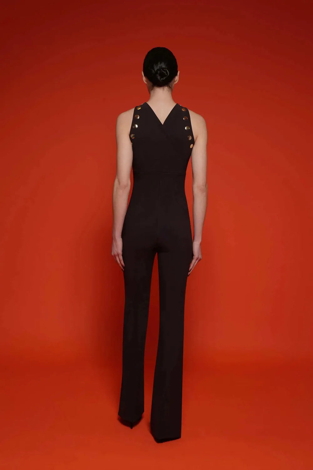 Macacão feminino preto sem mangas, sexy, com rebites, estilo bandagem, para festa de boate e baile