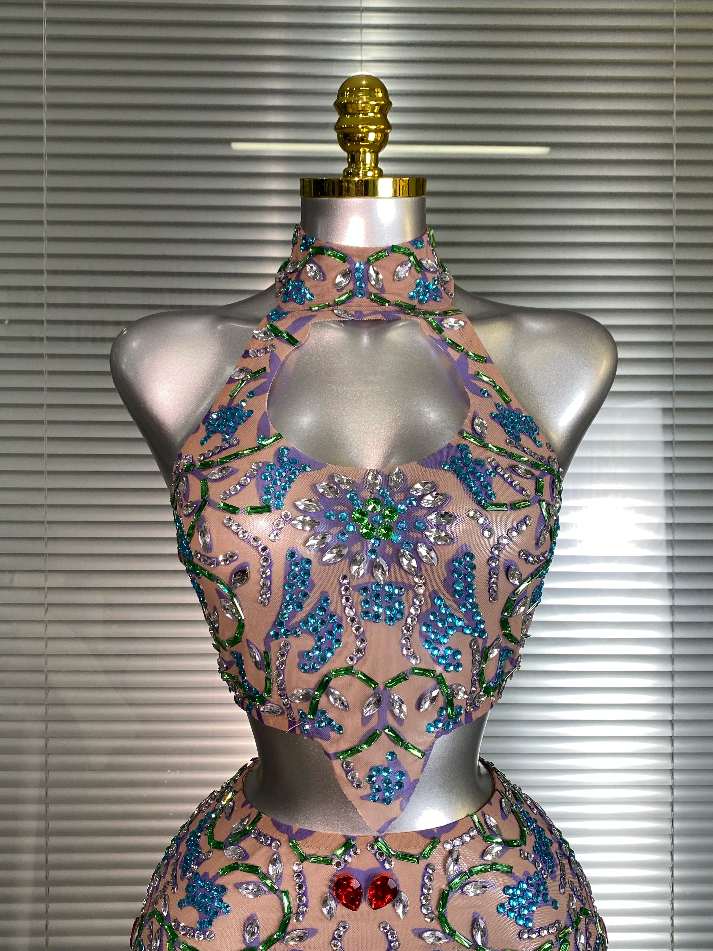 New Women Sexy Two Pieces Set Crystal Diamond Halter Skirt Suits Singer Dancer See Through Stage Performance Costume