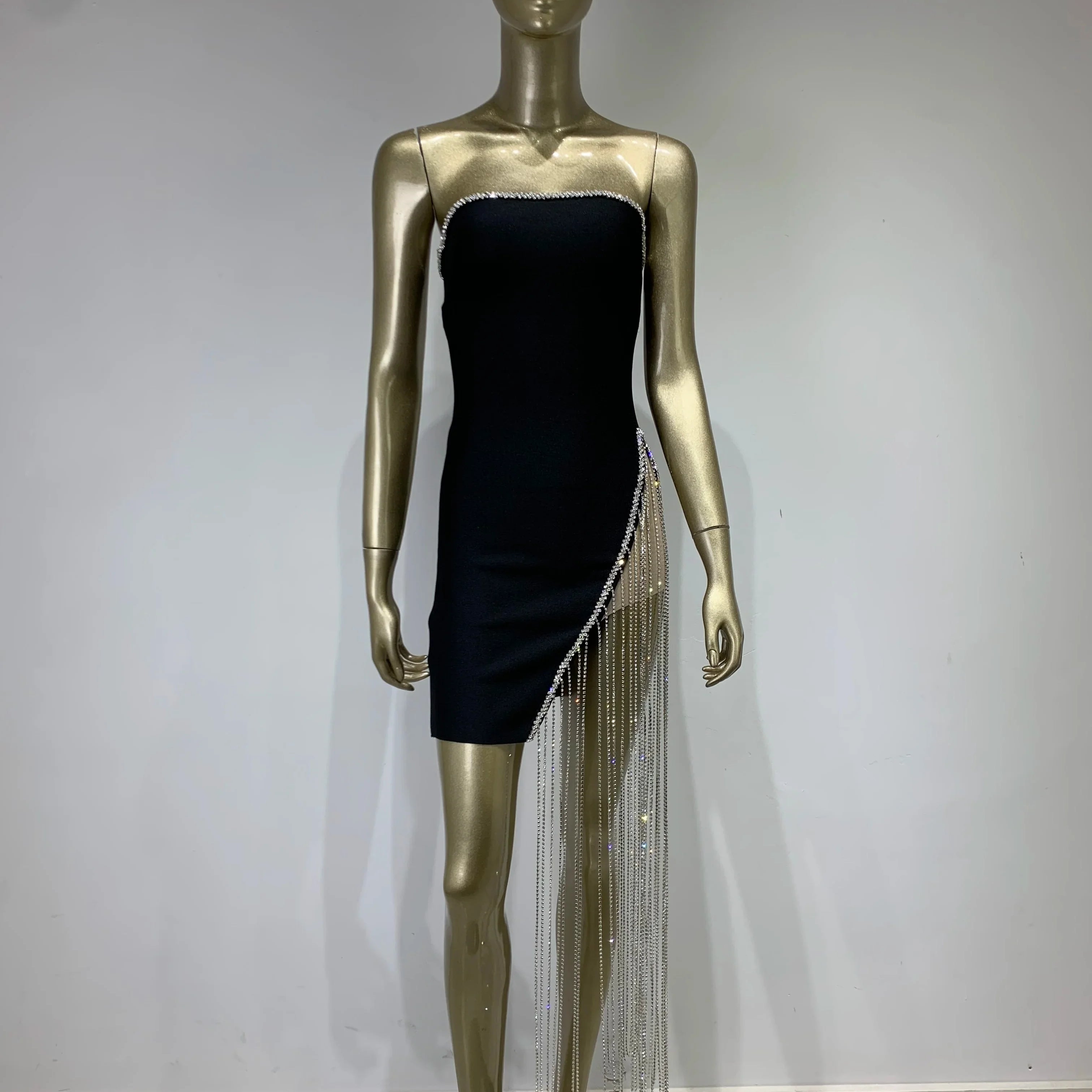 Luxury Women Summer Sexy Strapless Diamonds Crystal Black Mini Bodycon Bandage Dress Elegant Evening Club Party Dress