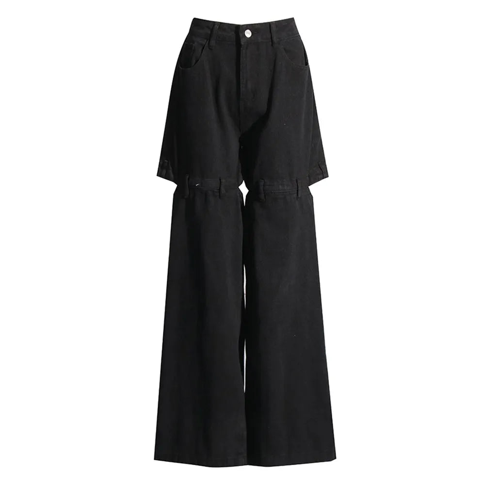 Hollow Out Streetwear Denim Trousers For Women High Wasit Loose Patchwork Wide Leg Pats Female Fashion Summer Clothing New BLACK