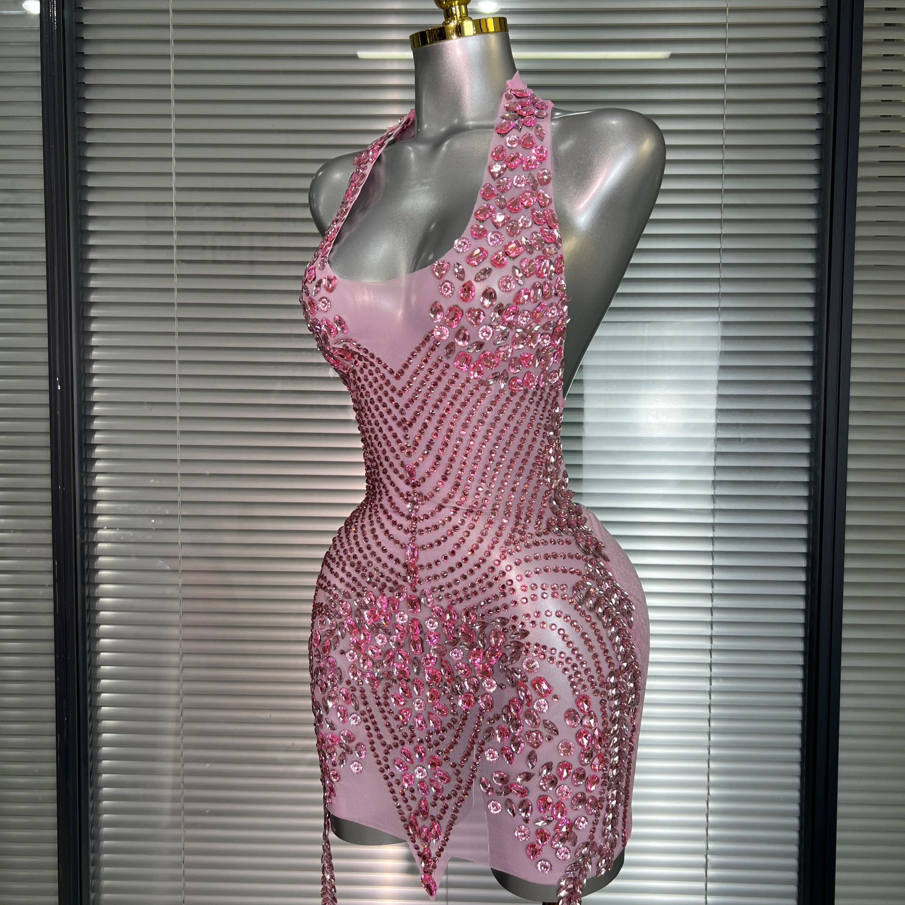 Celebrity New Women Sexy Pink Mesh Halter Stage Performance Costume Dancer Singer Night Club Mini Party Dress