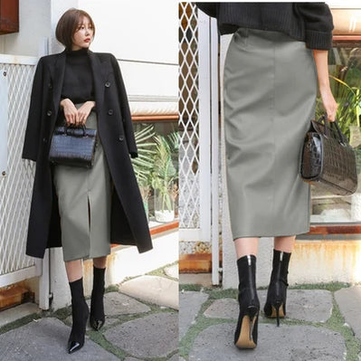 DEAT Fast Delivery New Fashion Korean Female PU Leather High Quality Mid-calf Length Spit Sexy High Waist Skirt AY095 grey