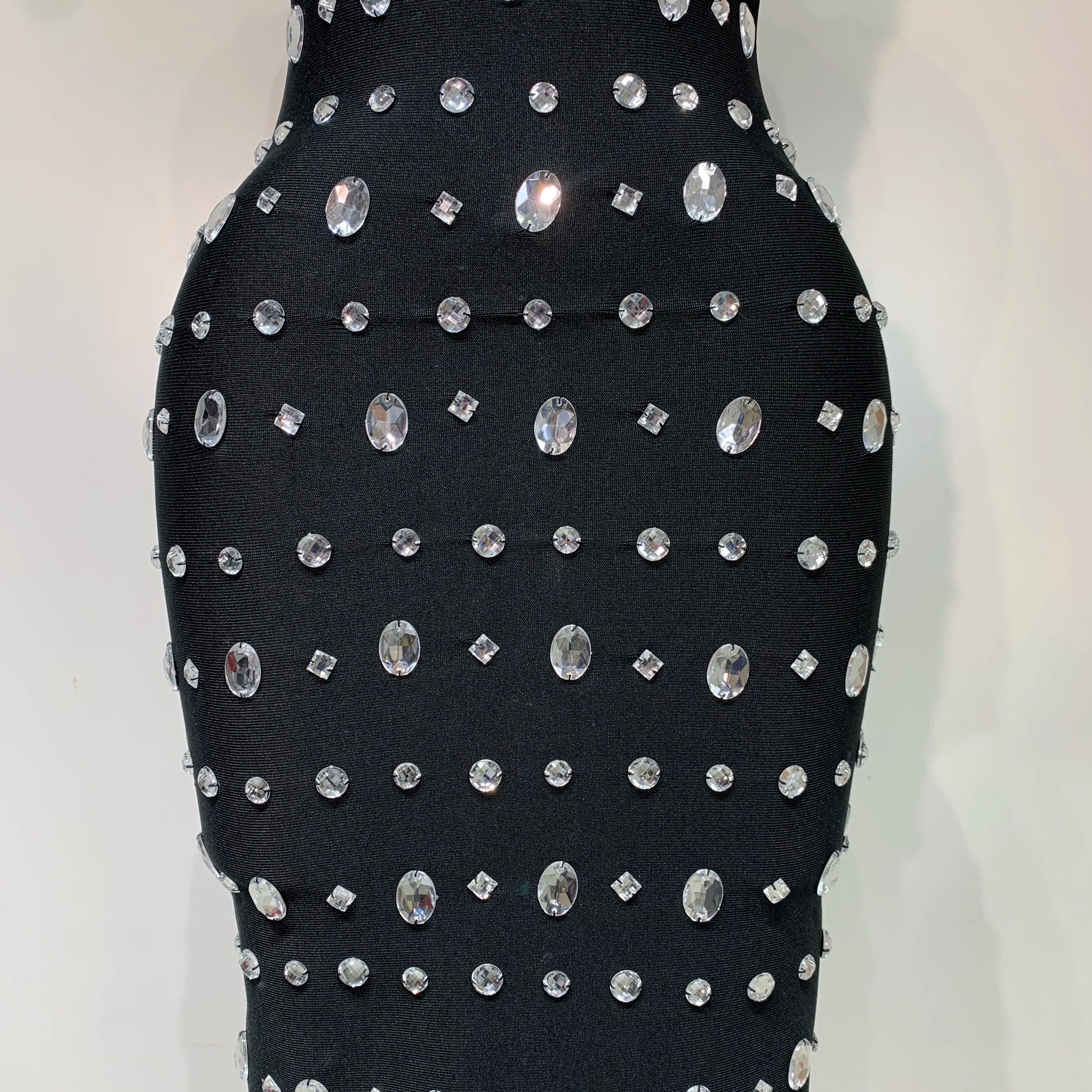 est 2025 Fashion Designer Women's Rhinestone Beaded Elastic Bodycon Bandage Maxi Long Dress Elegant Luxury Birthday Outfit