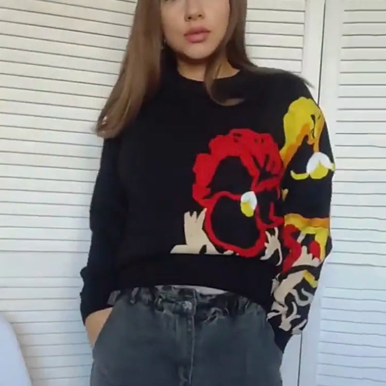 Black Floral Embroidery Pullover Women Boho Long Sleeve O Neck Autumn Winter Jumper Top Loose Knitted Sweaters