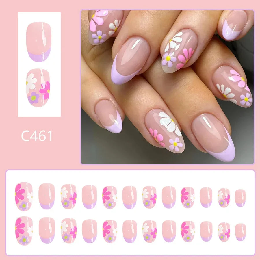 24Pcs Short Almond Press-On Nails Pink Floral French Tip Glossy&Elegant Full Cover Fake Nails for Women&Girls Spring,Daily Wear