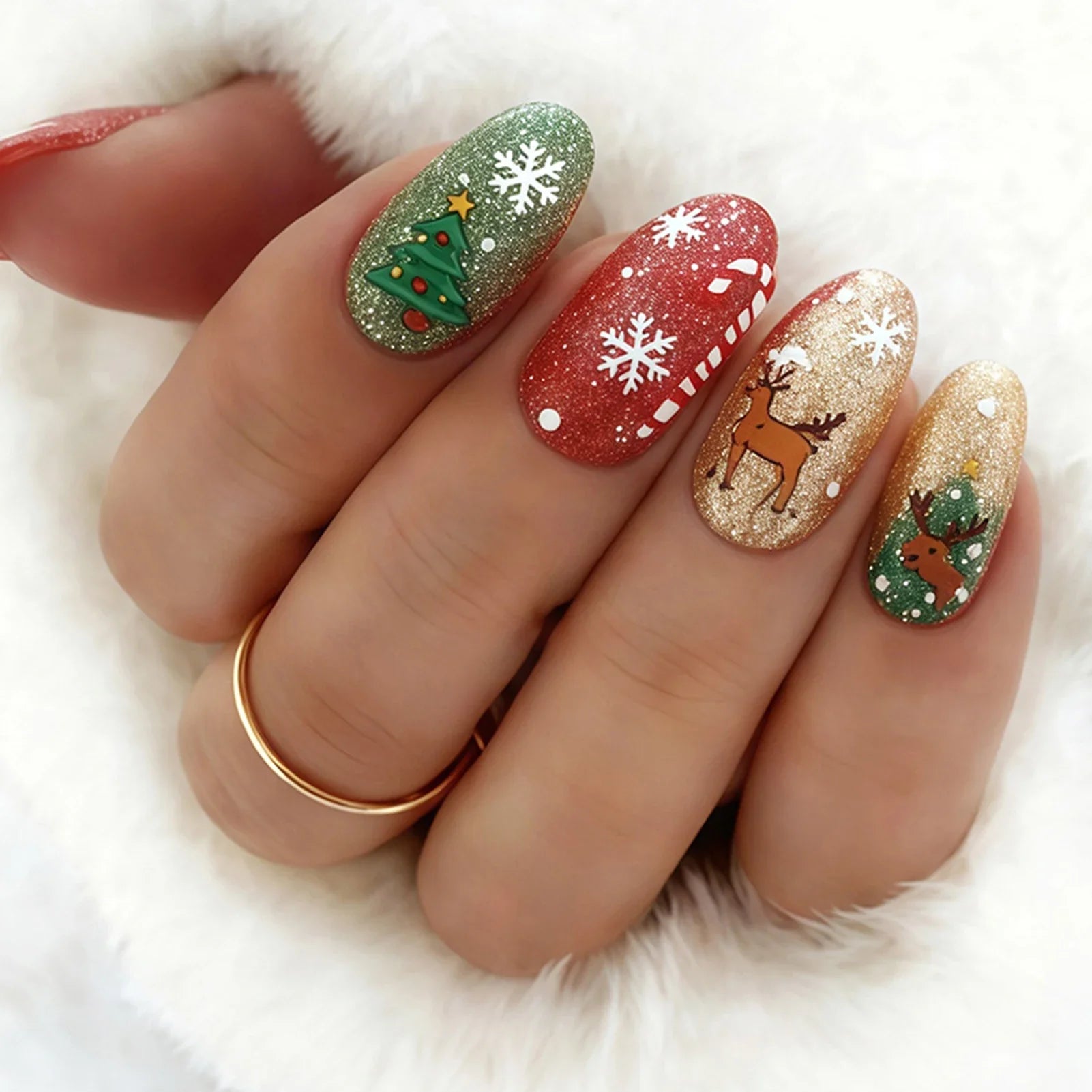 Christmas Party Almond Fake Nails 24Pcs Glossy Sequins Press On Nails Xmas Tree/Deer/Snowflake Printed Stick-on False Nails Art