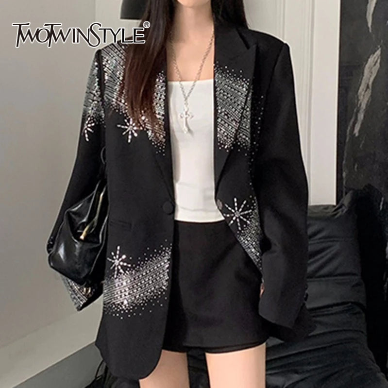 TWOTWINSTYLE Solid Loose Spliced Hot Fix Elegant Jackets for Women Lapel Long Sleeves Patchwork Button Jacket Female Fashion New