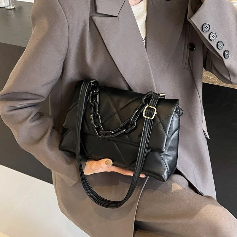 Soft PU Leather Crossbody Bags for Women Embroidery Thread Flap Bag Luxury Brand Trending Chain Shoulder Handbags Purse