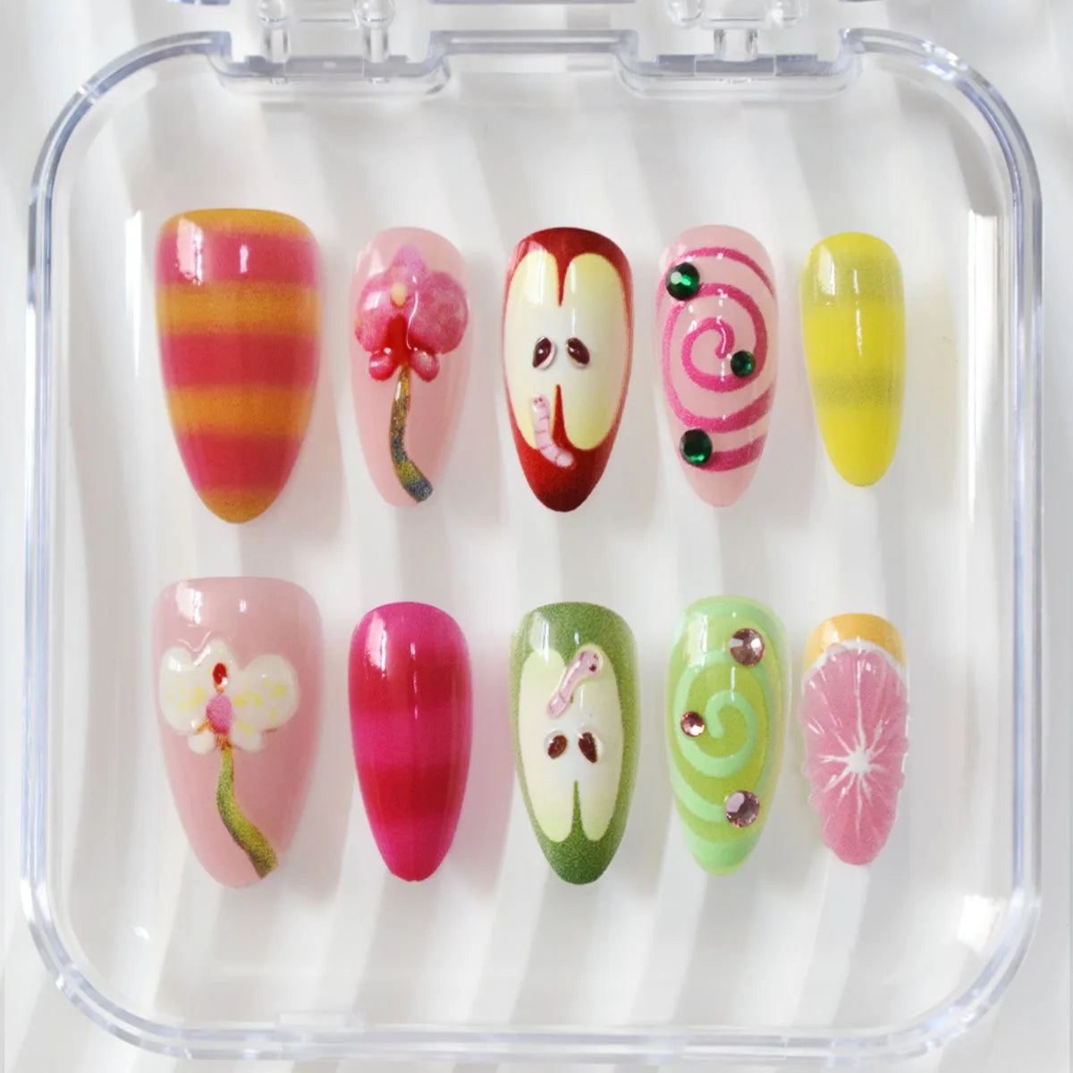 10pcs Wearable Handmade False Nails Cute Colorful Cartoon Design Fake Nail Tip Rhinestone Fruit Stick on Nail Art Press on Nails