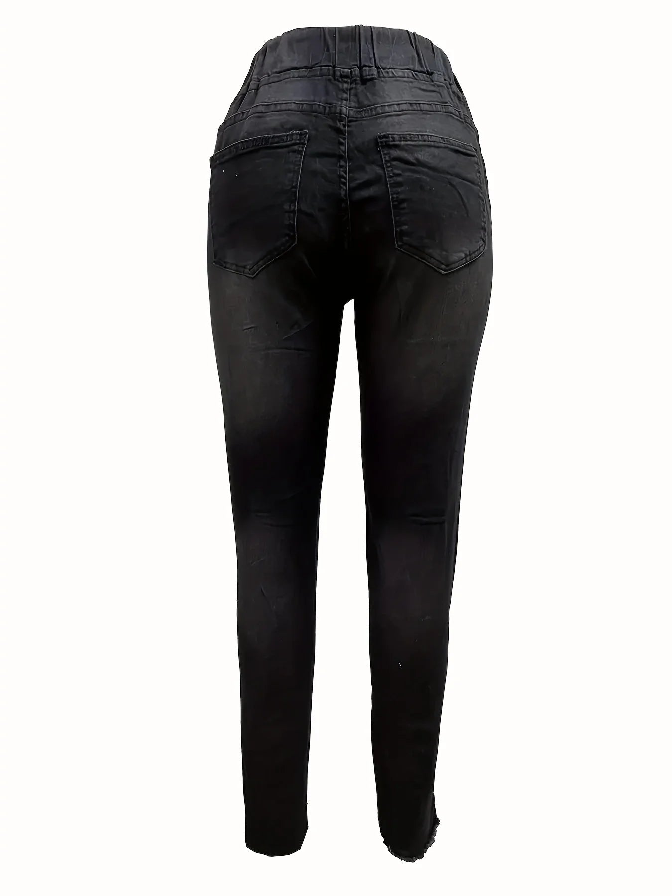 Black Ripped Holes Skinny Jeans, Slim Fit Distressed Raw Hem Elastic Waist Denim Pants, Women's Denim Jeans & Clothing