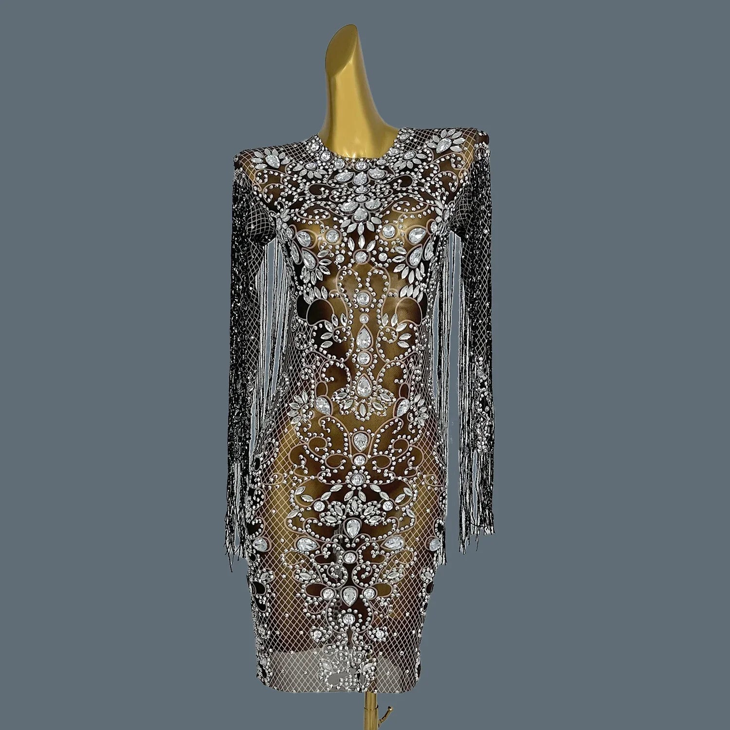 Women Luxury Rhinestone Tassel Dress Elastic Singer Club Stage Performance Costume Evening Party Celebrate Dress Vestido Hualan black One Size