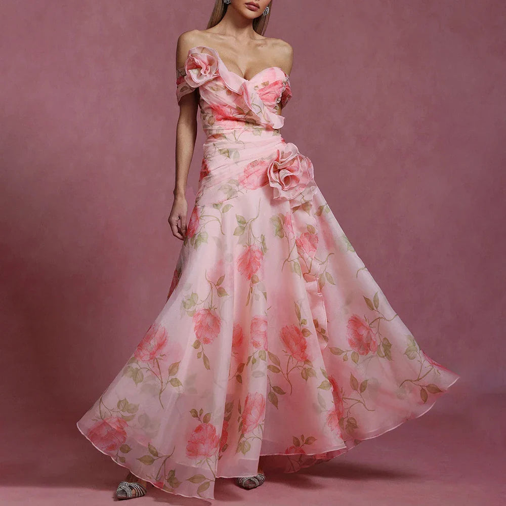 Printing Spliced 3D Flower Elegant Dresses for Women Slash Neck Off Shoulder Patchwork Fungus Folds Dress Female