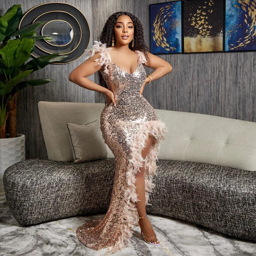 CM.YAYA Women Sequined Spaghetti Strap Feather Hem High Side Slit Mermaid Trumpet Bodycon Midi Evening Sexy Party Maxi Dresses