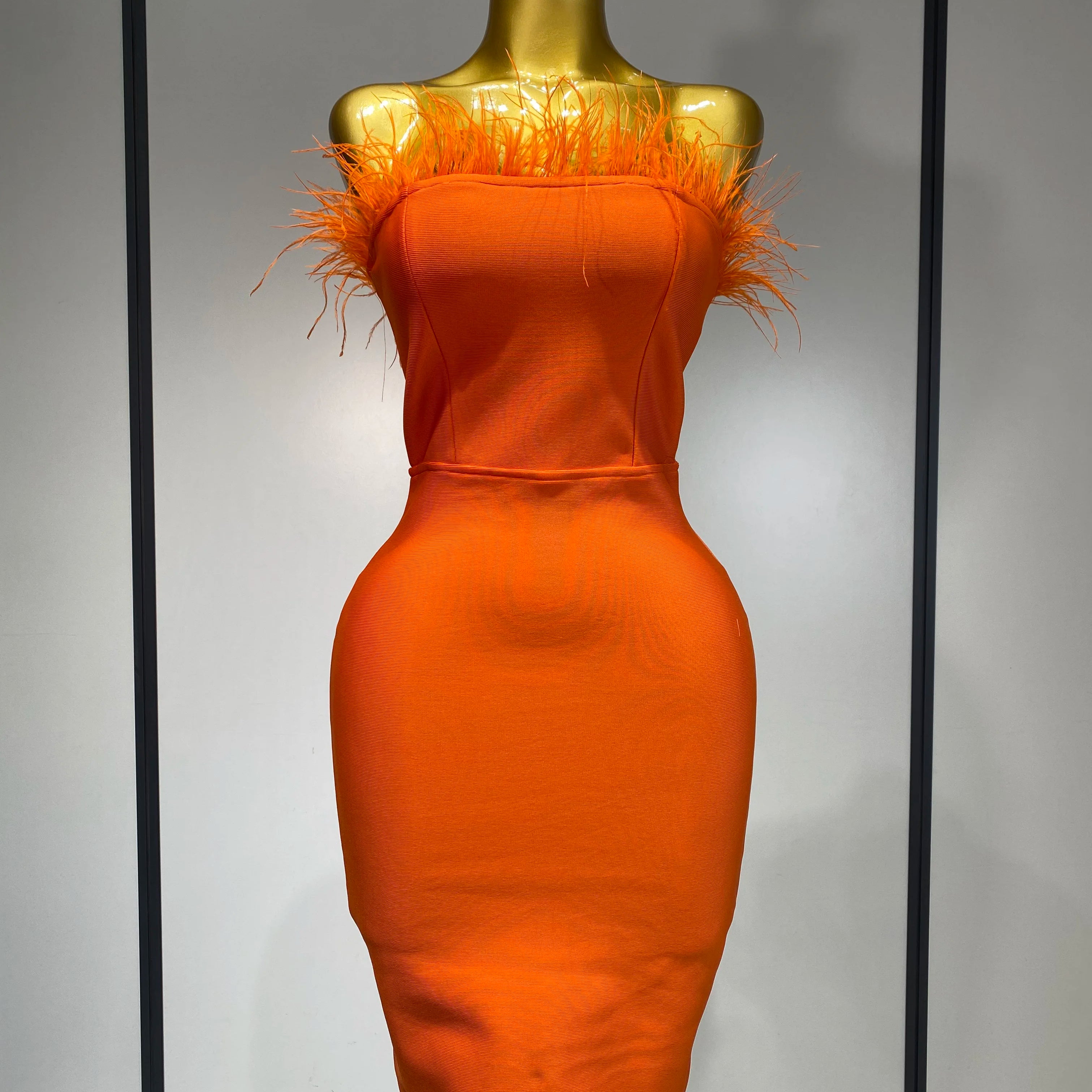 Women Sexy Backless Yellow Bodycon Bandage Dress Strapless Celebirty Elegant Feather Dresses Luxury Birthday Club Party Outfit