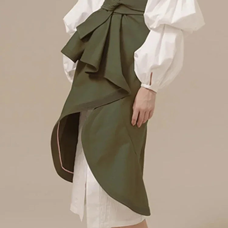 XITAO White Irregular Pleated Dress Women Clothes Spring New Stand Collar Puff Sleeve Personality Dress ZY3560