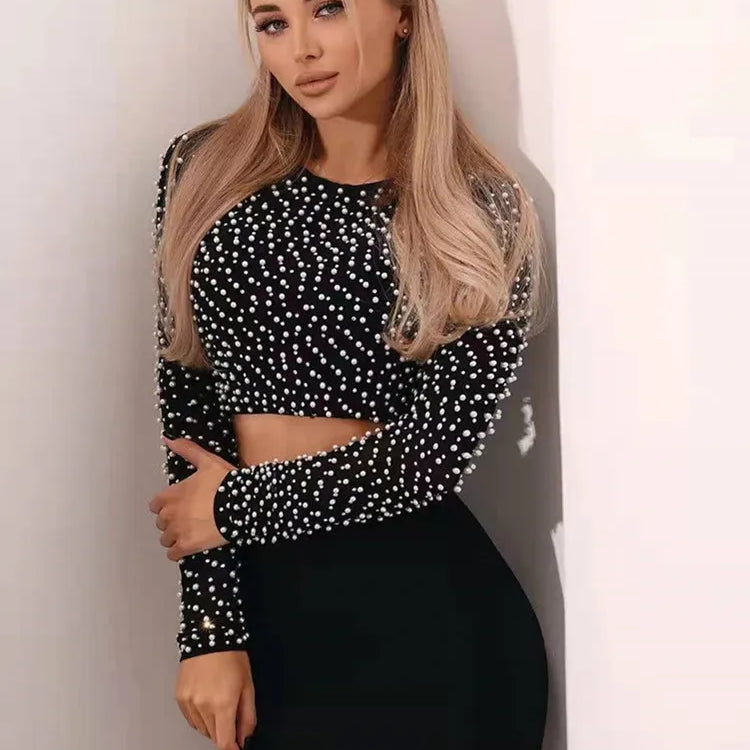 Women Summer Sexy Long Sleeve Black Beige Mesh Studded Dianonds Crystal Two Piece Bandage Set 2024 Evening Party Women's Set