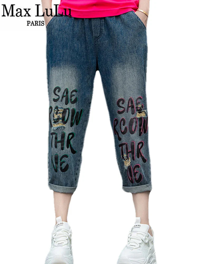 Max LuLu Spring Korean Loose Denim Pants Ladies Printed Classic Casual Elastic Jeans Womens Harajuku Vintage Harem Trousers