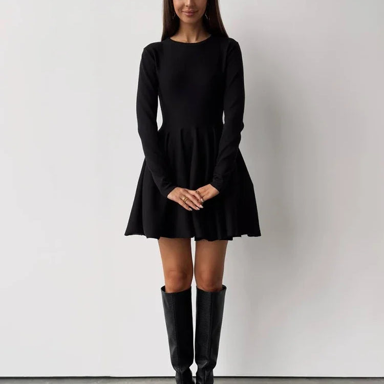 Elegant Solid Knit Dress Women Autumn Winter Casual Long Sleeve A-line Evening Dresses Female Korean Sexy Mini Dress Black