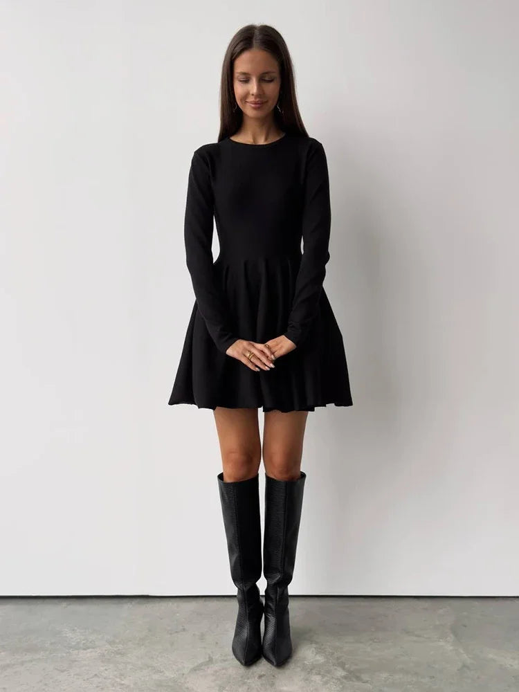 Elegant Solid Knit Dress Women Autumn Winter Casual Long Sleeve A-line Evening Dresses Female Korean Sexy Mini Dress Black