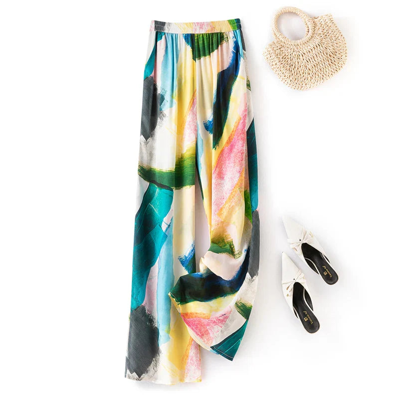 Women's Fashion New 100%Natural Mulberry Silk Elastic Waist Loose Casual Contrasting Color Printed Wide Leg Pants Print One Size