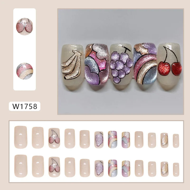 24pcs Shiny Green Cat Eye False Nails Cute Seal Print Fake Nails Tips Wearable Reusable Glossy Short Round Press on Nails