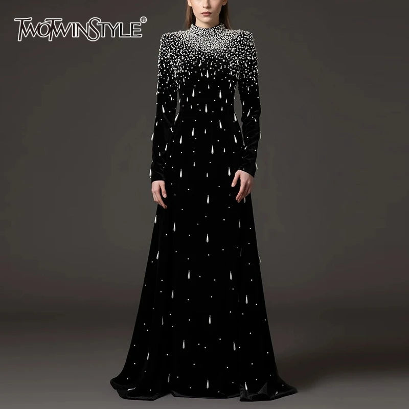 TWOTWINSTYLE Slimming Luxurious Dresses for Women Round Neck Long Sleeves Patchwork Bead Temperament Dress Female Clothing New