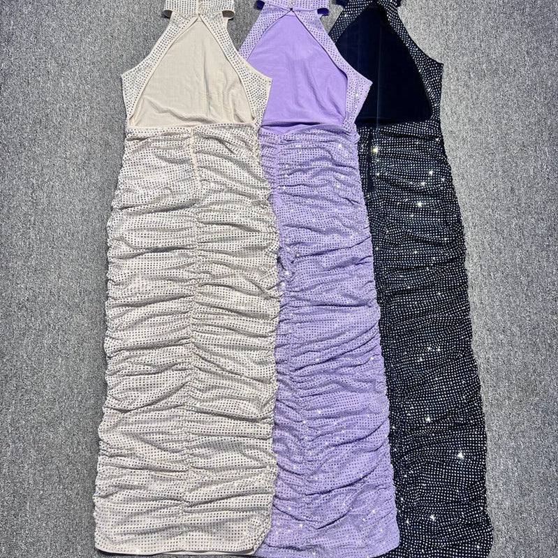 Women Celebrity Sexy Sleeveless Diamonds Backless Ruched Beige Maxi Long Gowns Dress  Elegant Evening Party Club Vestido