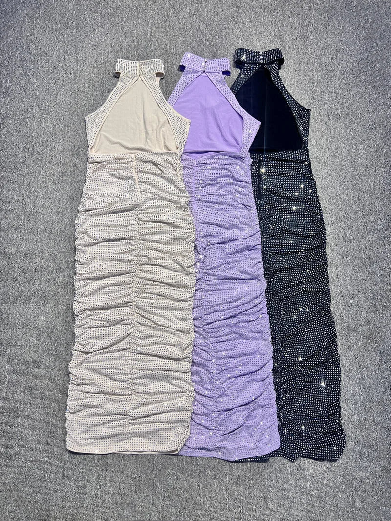 Women Celebrity Sexy Sleeveless Diamonds Backless Ruched Beige Maxi Long Gowns Dress  Elegant Evening Party Club Vestido