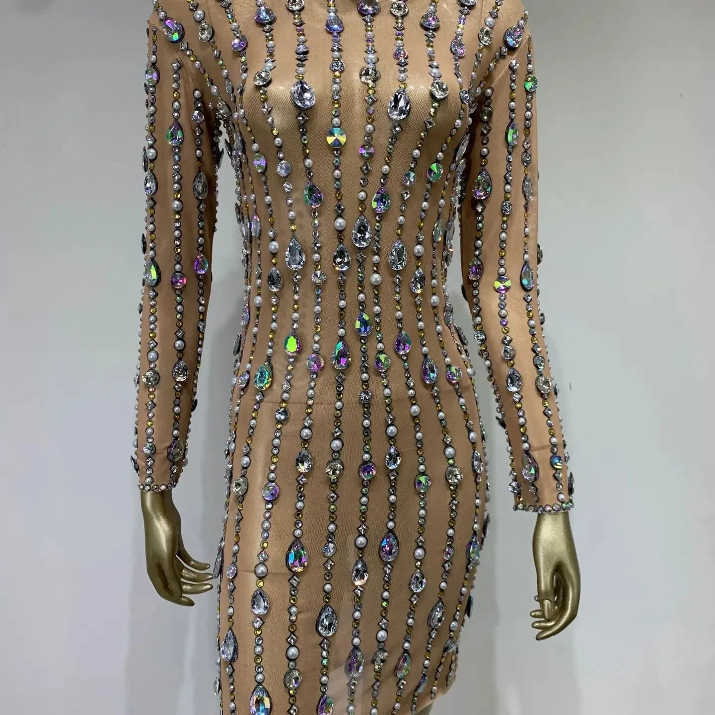 Stock Women Luxury Sexy Mesh Crystal Diamonds Beading Mini Dress Birthday Party Costume Bar Nightclub Stage Performance Clothing