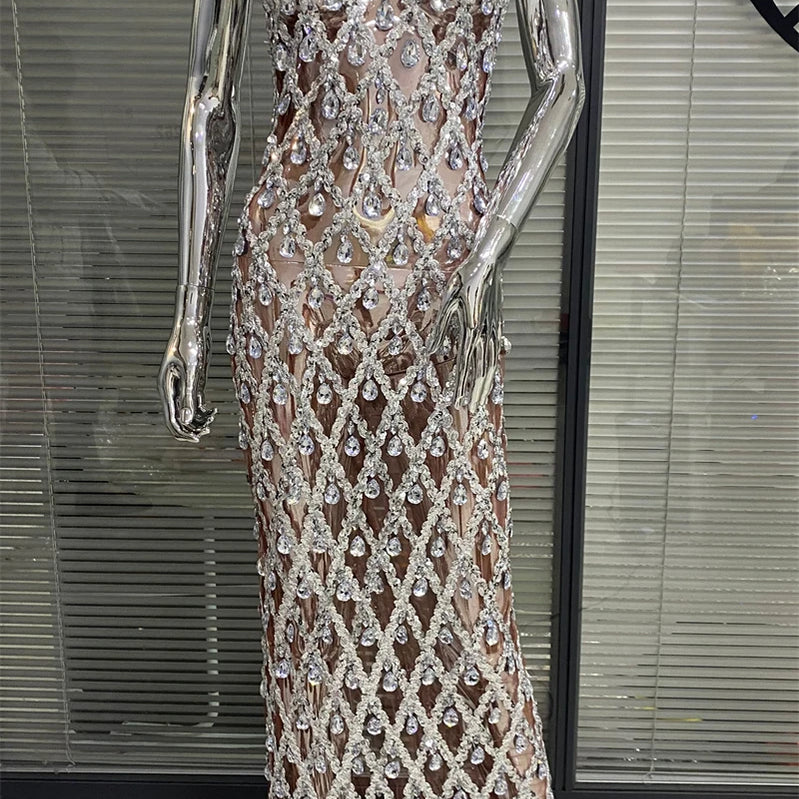 Shinning Big Crystal Women Sleeveless Sexy Halter Bodycon Long Dress Celebrate Birthday Party Nightclub Outfit Vestido
