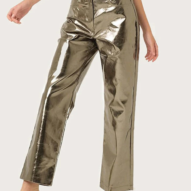 Metallic High Waist Straight Jeans Women Autumn New Printing Loose Wide Leg Denim Pants Streetwear Harajuku Vintage Gold Leather Pant