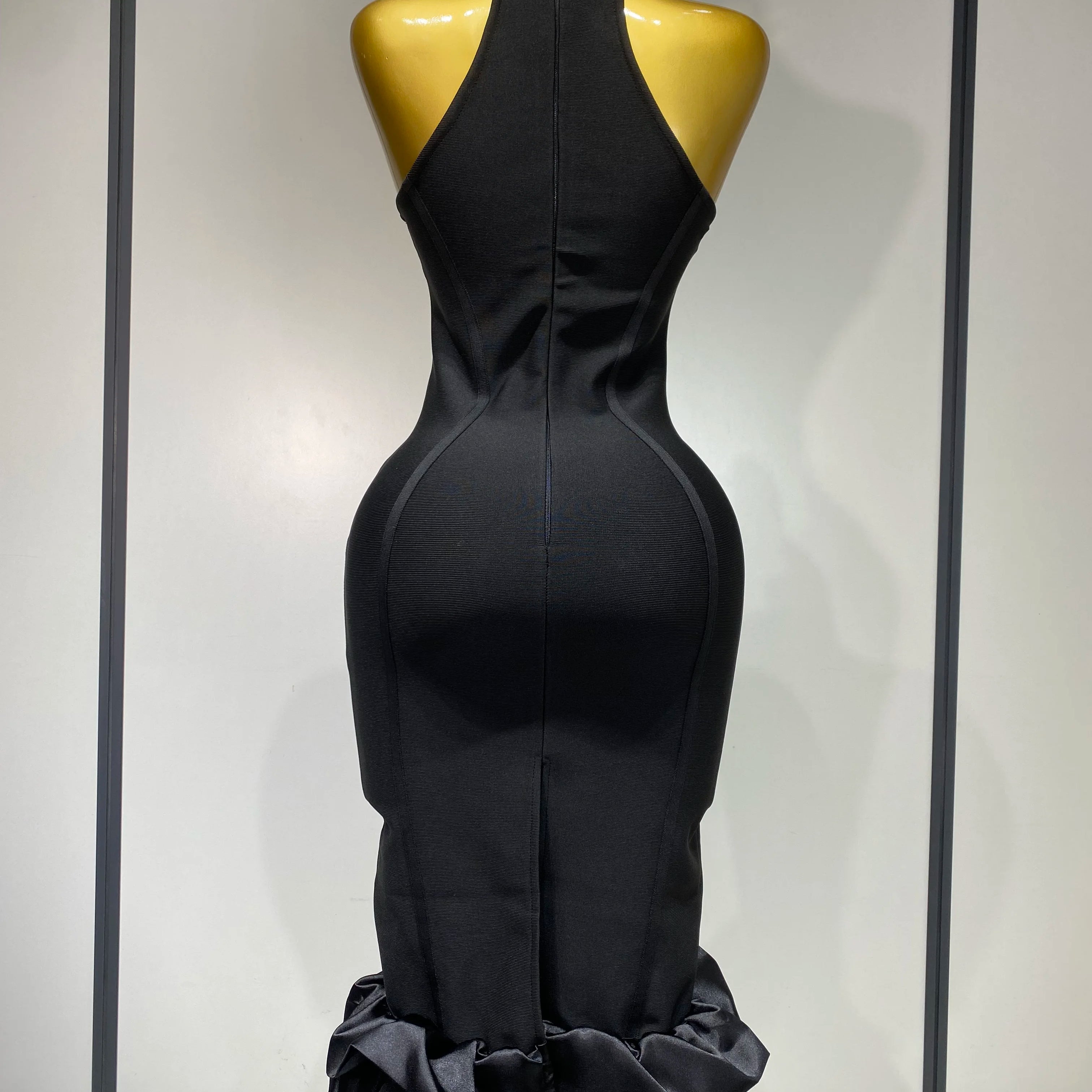 Women Sexy High Collar Ruffle Black Bandage Dress Sheath Sleeveless Party Prom Gown Elegant Formal Luxury Birthday Club Dresses