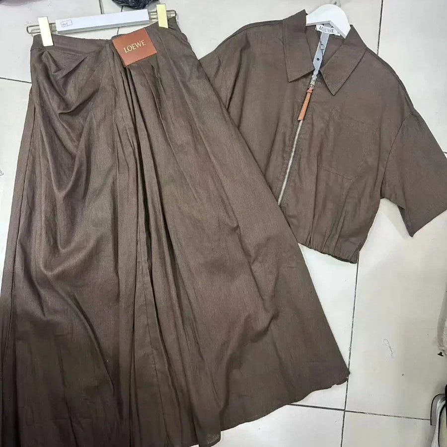 Solid Causal Two Piece Sets for Women Lapel Short Sleeves Spliced Zipper Top High Waist Skirt Set Female Fashion