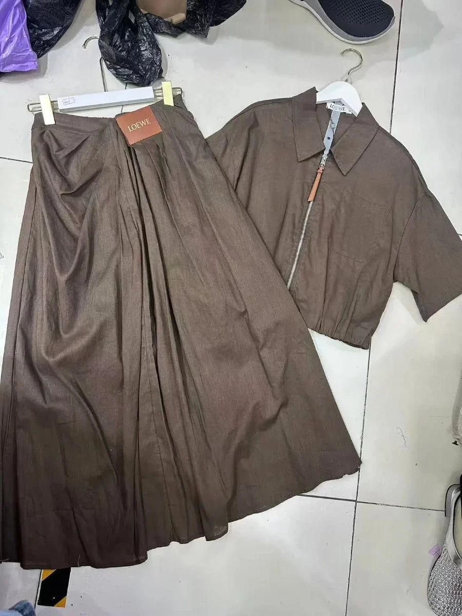 Solid Causal Two Piece Sets for Women Lapel Short Sleeves Spliced Zipper Top High Waist Skirt Set Female Fashion