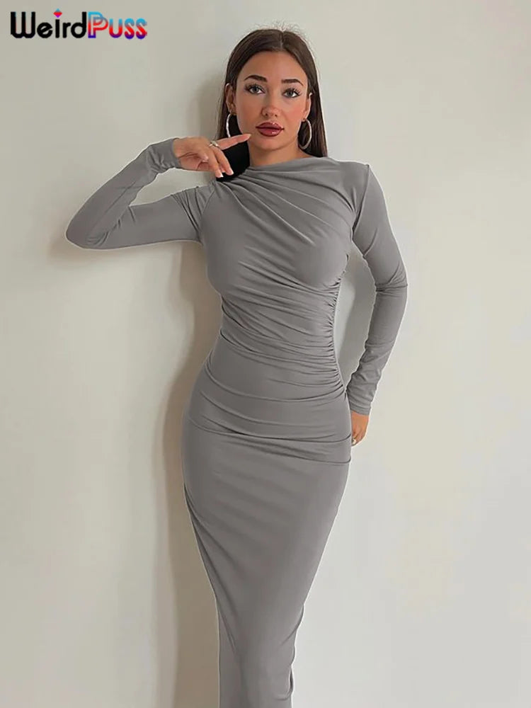 Weird Puss Elegant Temperament Women Maxi Dress Full Sleeve O Neck Zipper Solid Autumn Fashion Bodycon Evening Party Vestidos GRAY
