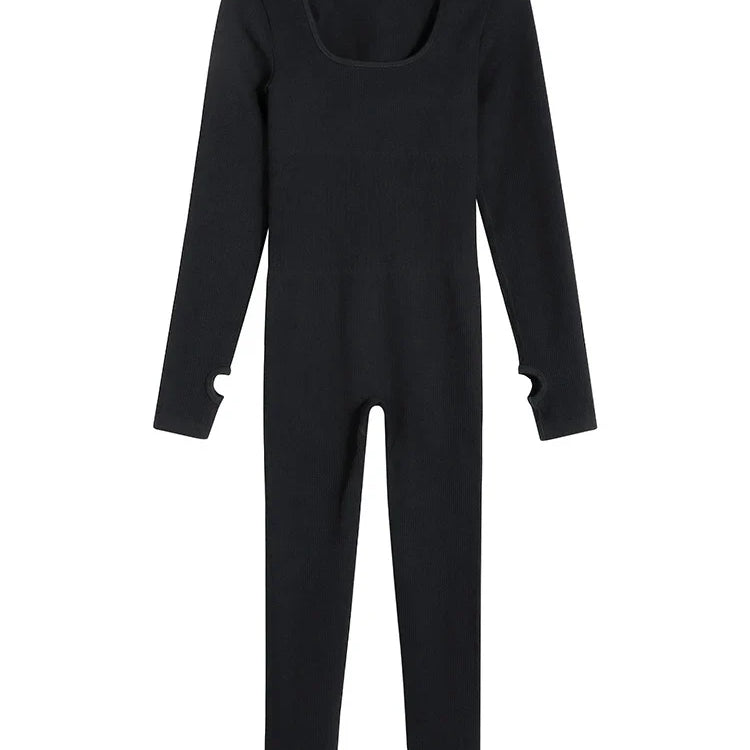 Women Yoga Jumpsuits One Piece Workout Ribbed Long Sleeve Rompers Square Neck Sport Exercise Bodysuits Gym Sportswear Black