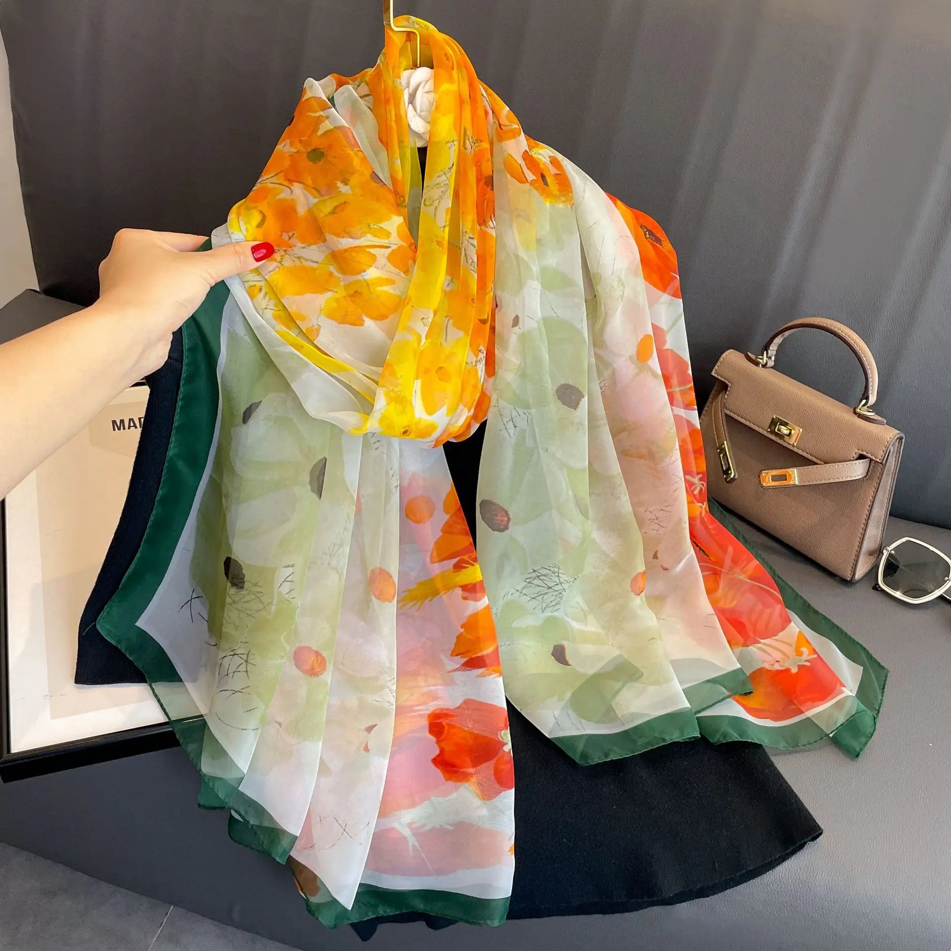 Print Silk Scarf Hijab Women Spring Deisgn Soft Beach Stoles Elegant Head Scarves Echarpe Shawl Satin Large Wrap Echarpe Bandana see chart 5