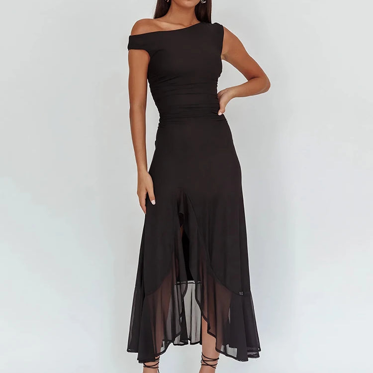 Sleeveless Ruffled Split Maxi Dress For Women Gown Mesh O Neck Oblique Shoulder Backless High Waist Slim Fit Club Dress