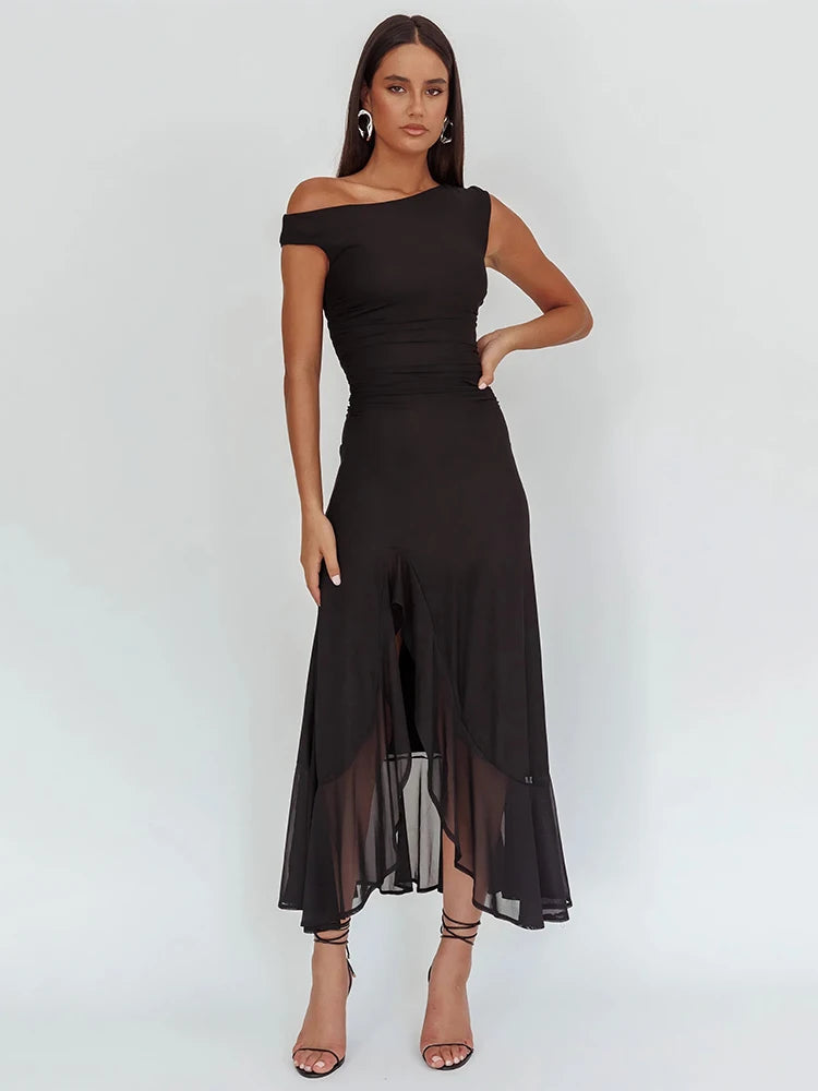 Sleeveless Ruffled Split Maxi Dress For Women Gown Mesh O Neck Oblique Shoulder Backless High Waist Slim Fit Club Dress