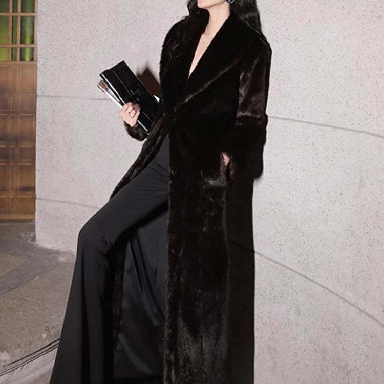 Autumn Winter Extra Long Thick Warm Faux Mink Fur Coat Women Shawl Collar Soft Maxi Elegant Fluffy Furry Overcoat 2023 Brown