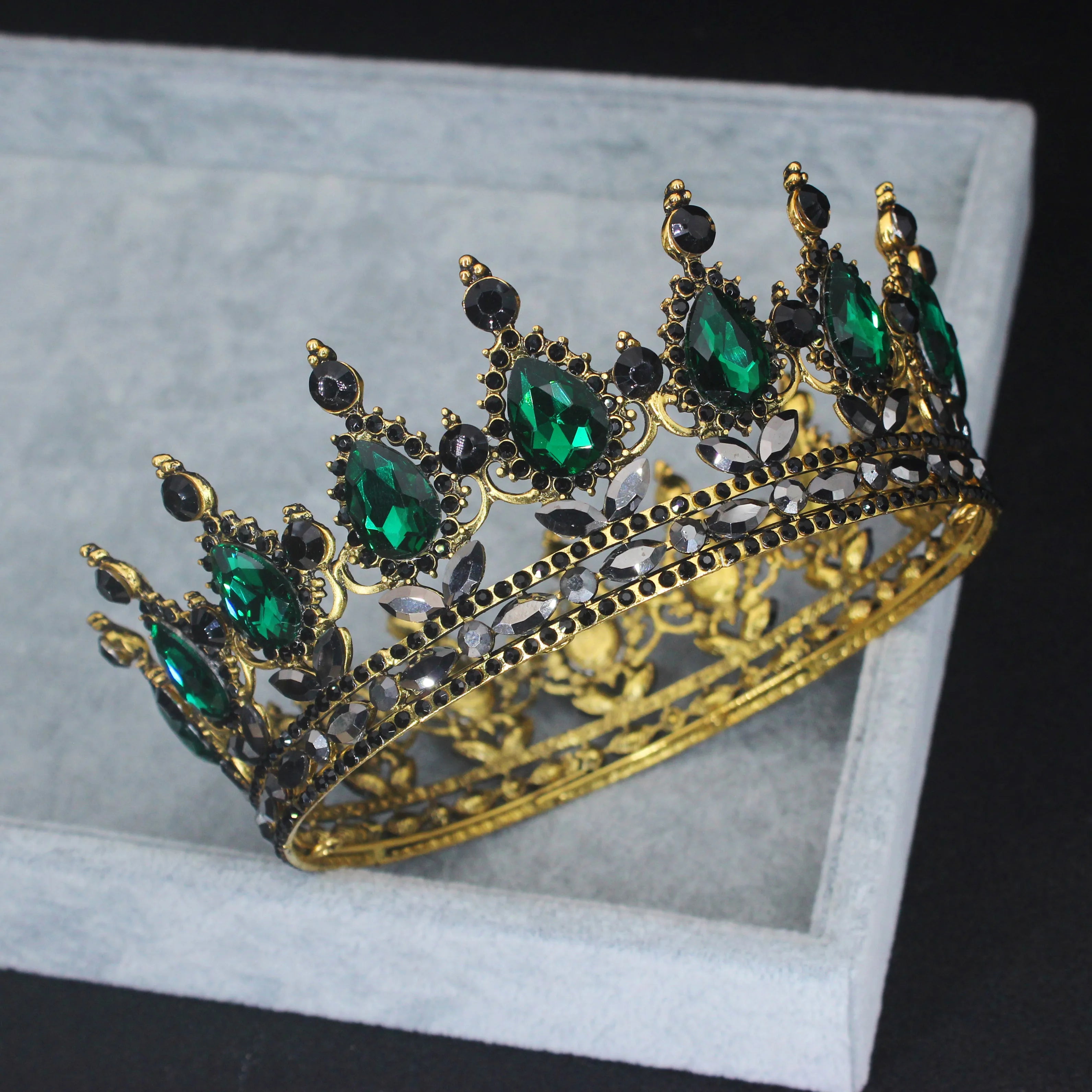 Crystal Queen King Tiaras and Crowns Bridal Diadem For Bride Women Headpiece Hair Ornaments Wedding Head Jewelry Accessories Vintage Gold Green