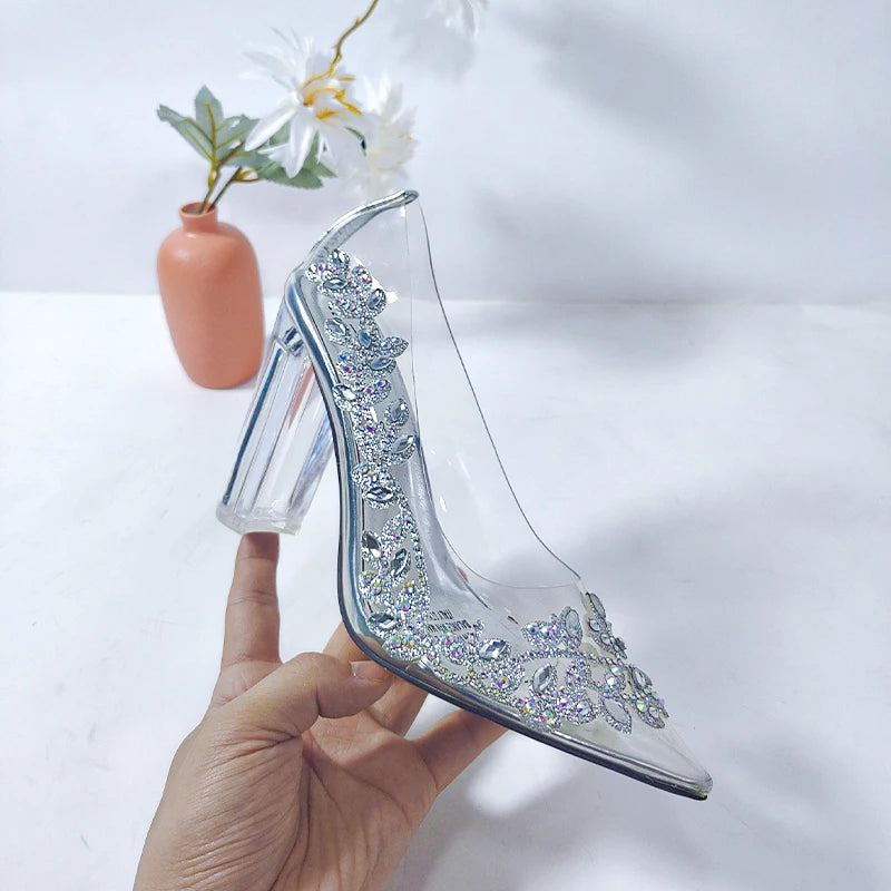 Rhinestone Silver Pointed Toe Clear Shoes Elegant Party Wedding Bridal Ladies High Heels Sandals