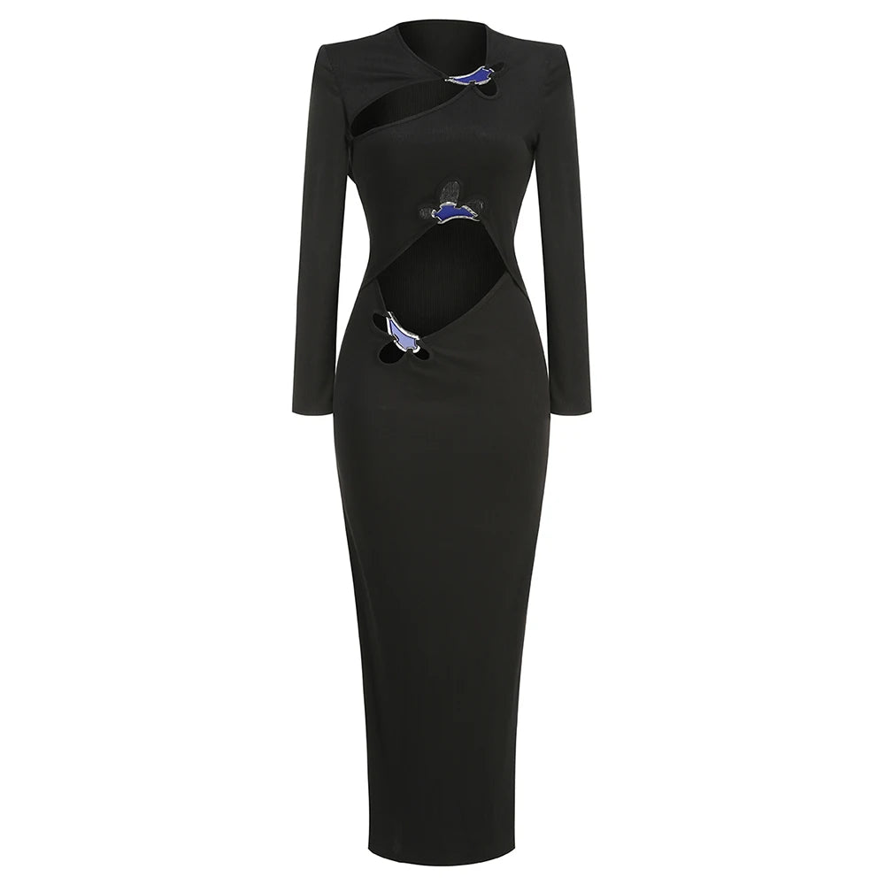 Vestido longo preto feminino, manga longa, sexy, com buracos, justo, moda para festa noturna, tapete vermelho, atacado